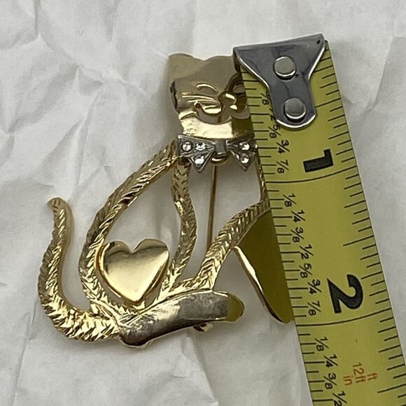 Vintage Ultra Craft Brooch Pin Cat Brushed Gold Tone Open Bow‎ tie Heart Signed - Picture 5 of 8